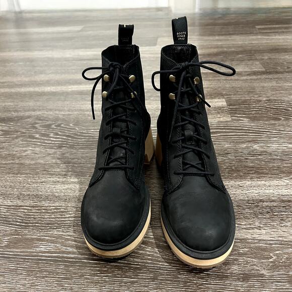 NEVER WORN Sorel Hi-Line Heel Lace Boots Black 7.5 Lug Sole Platform Chunky Heel - Picture 16 of 16